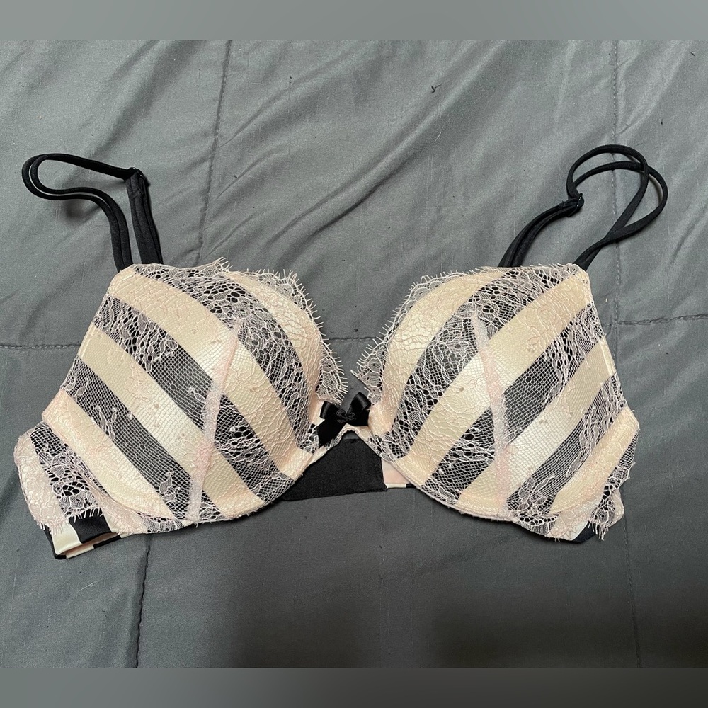 Victoria's Secret Striped Lace Push Up Bra - Black and Cream